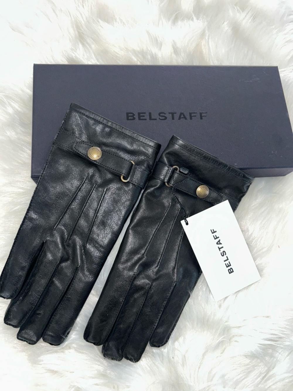 NWT Belstaff Black Leather Snap-Detail Driving Heyford Gloves